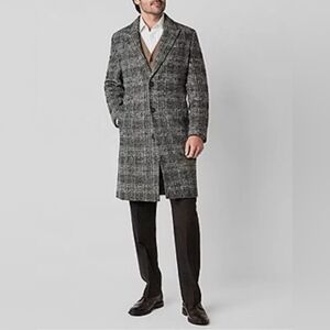 Mens Stafford Premium Heavyweight Wool Topcoat Black Tan Plaid NWT MSRP $240